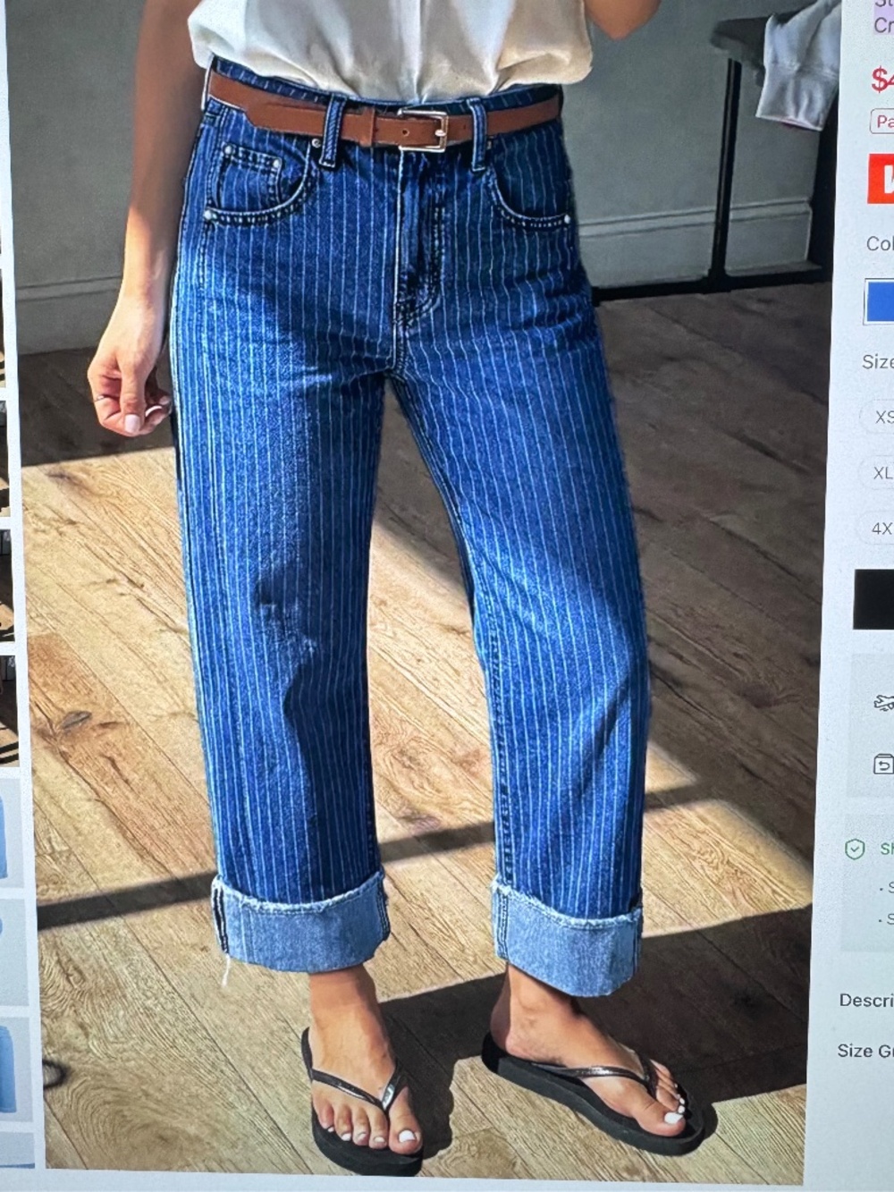 Flamingals Striped Roll Hem Seam Front Mid Rise Straight Leg Crop Jeans M-NWT